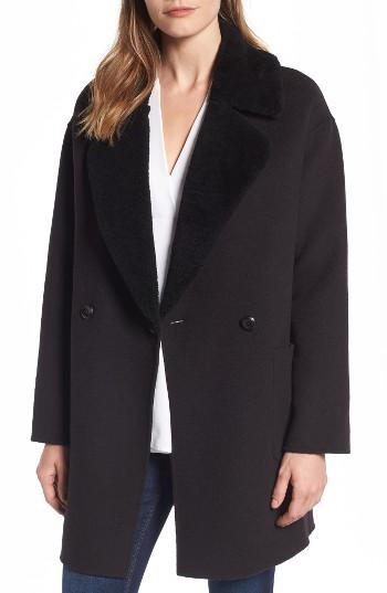 Women's Trina Turk Dawn Genuine Shearling Collar Double Face Coat - Black