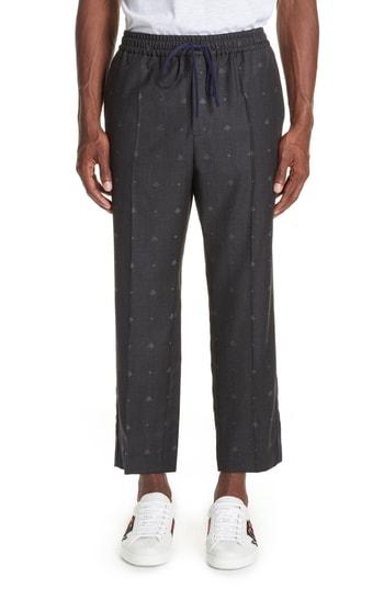 Men's Gucci Tonal Bee Heart Wool Pants