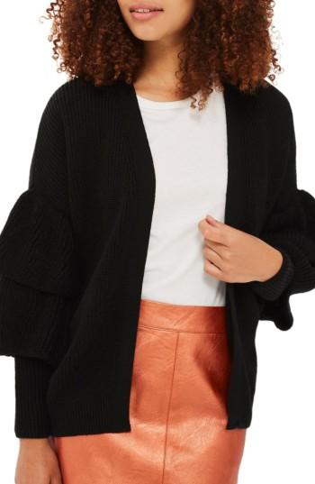 Women's Topshop Layered Ruffle Sleeve Cardigan Us (fits Like 0) - Black