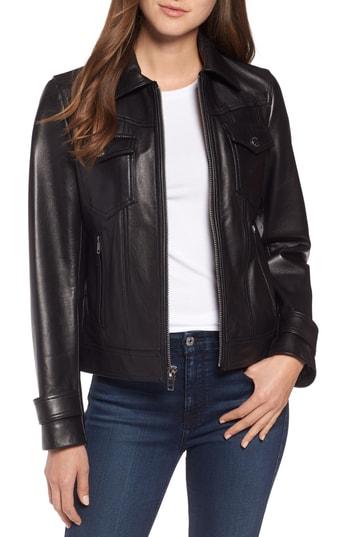 Women's Tahari Esther Leather Trucker Jacket - Black