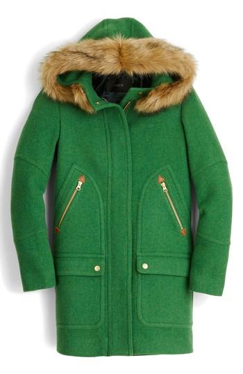 Petite Women's J.crew Chateau Stadium Cloth Parka With Faux Fur P - Green