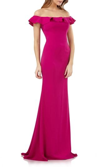 Women's Carmen Marc Valvo Infusion Off The Shoulder Ruffle Neck Gown - Pink
