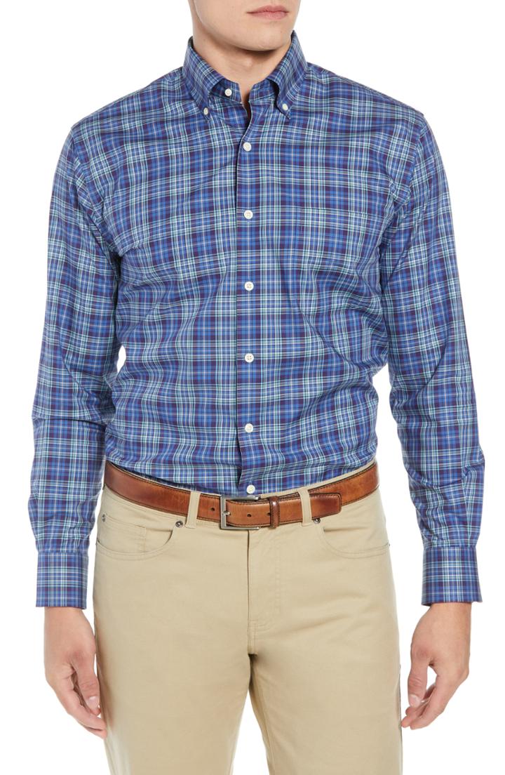 Men's Peter Millar Crown Ease Flatey Island Regular Fit Tartan Plaid Sport Shirt, Size - Blue