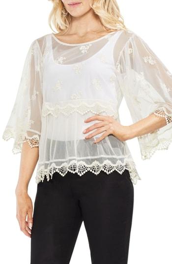 Women's Vince Camuto Lace Trim Tiered Mesh Top, Size - White