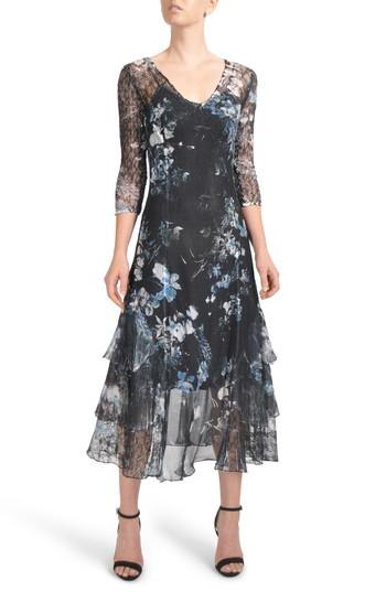 Women's Komarov Floral Tiered Hem Chiffon Dress - Black