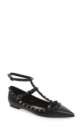 Women's Valentino Garavani 'rockstud' Double Ankle Strap Pointy Toe Flat Us / 37eu - Black