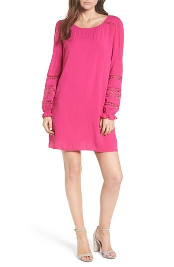 Women's Hinge Lace Trim Puff Sleeve Shift Dress - Pink