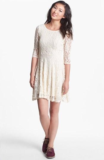 Lush Three Quarter Sleeve Lace Skater Dress (juniors) Ivory