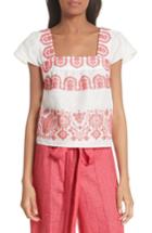 Women's Milly Mykonos Embroidered Crop Square Neck Linen Top, Size - White