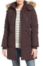 Women's Guess 'expedition' Quilted Parka With Faux Fur Trim - Red