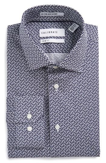 Men's Calibrate Trim Fit Geometric Stretch Dress Shirt 32/33 - Blue