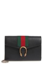 Women's Gucci Dionysus Web Stripe Leather Wallet On A Chain - Black