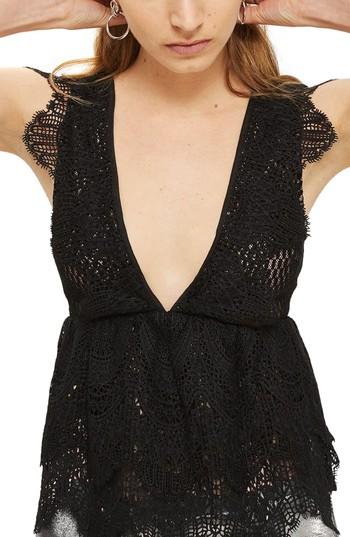 Women's Topshop Plunging Lace Peplum Top Us (fits Like 2-4) - Black