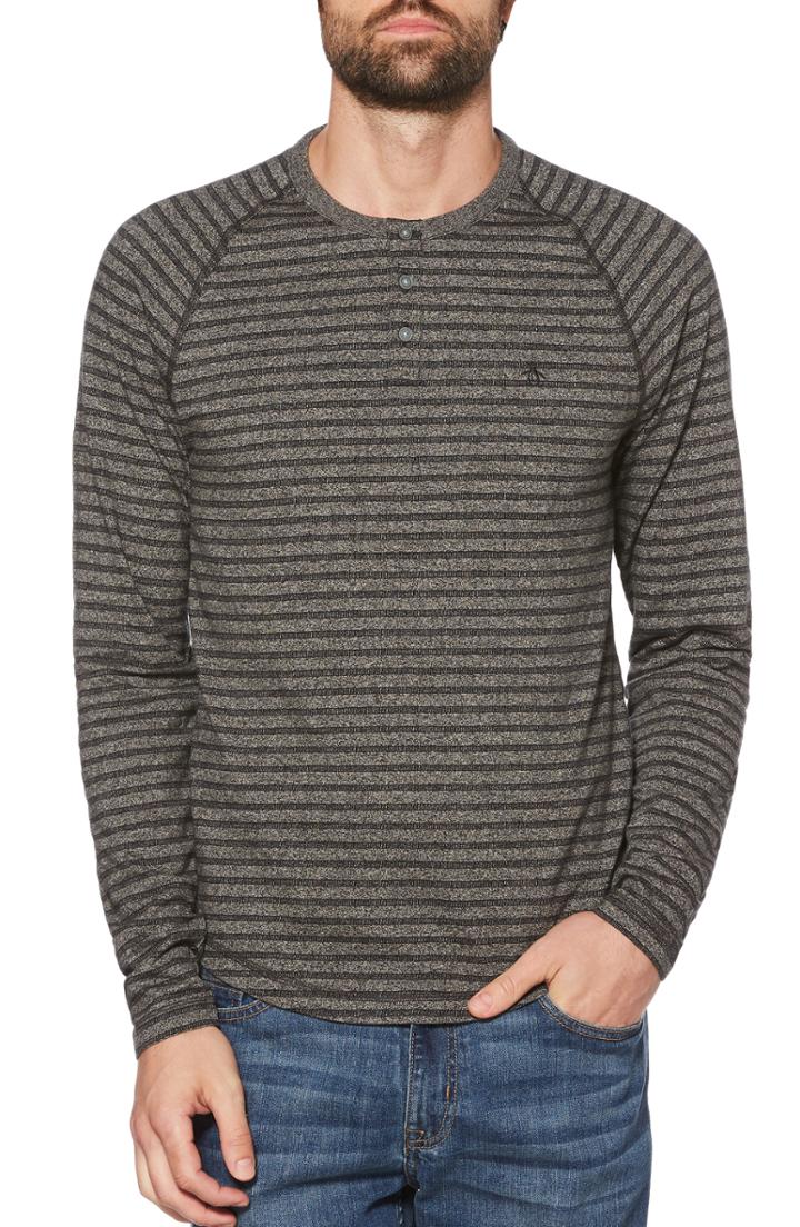 Men's Original Penguin Striped Long Sleeve Henley, Size - Black