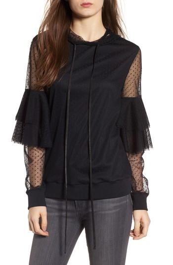 Women's Chelsea28 Ruffle Mesh Hoodie, Size - Black