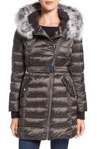 Women's French Connection Quilted Coat With Faux Fur Trim Hood - Grey