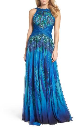 Women's Tadashi Shoji Print Chiffon Gown - Blue