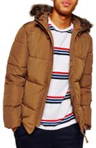 Men's Topman Marling Faux Fur Collar Puffer Jacket, Size - Brown