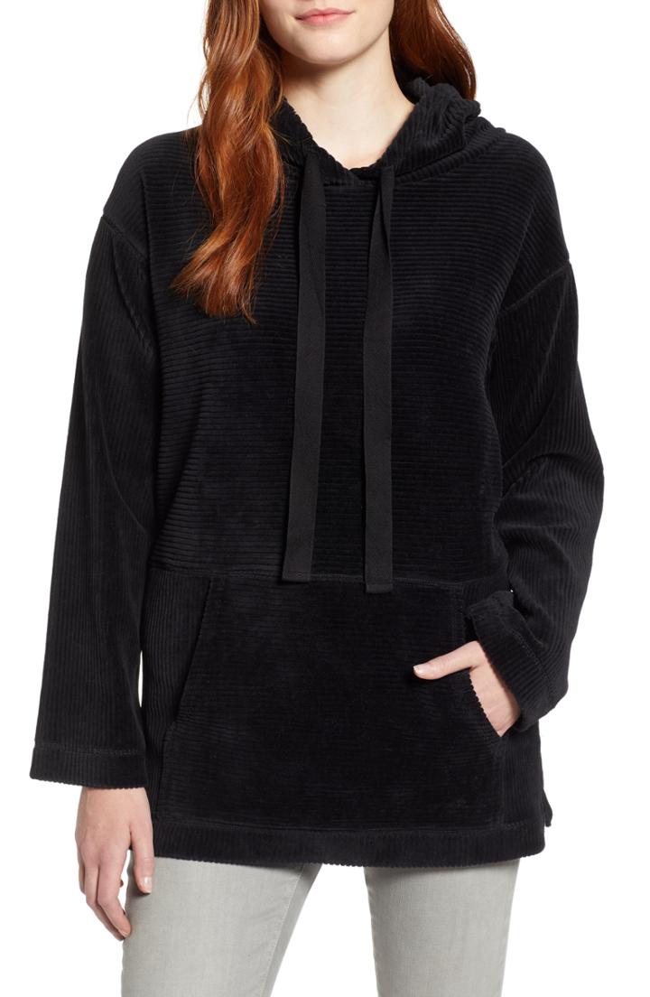 Women's Caslon Off Duty V-neck Velour Hoodie - Black