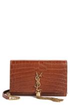 Women's Saint Laurent Monogram Croc Embossed Calfskin Wallet On A Chain - Beige
