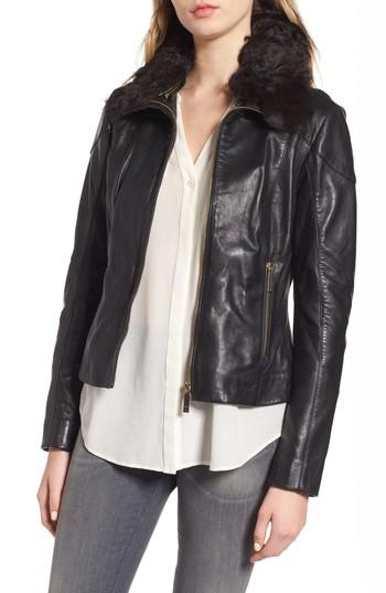 Women's Ted Baker London Leather Jacket With Detachable Genuine Shearling - Black