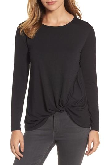 Petite Women's Bobeau Dressy Front Knot Long Sleeve Top P - Black