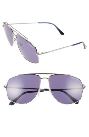 Women's Tom Ford Georges 59mm Aviator Sunglasses - Ruthenium/ Blue Horn/ Smoke