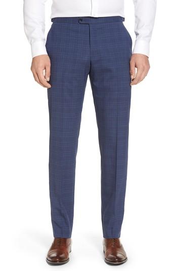 Men's H Flat Front Plaid Wool Trousers R - Blue