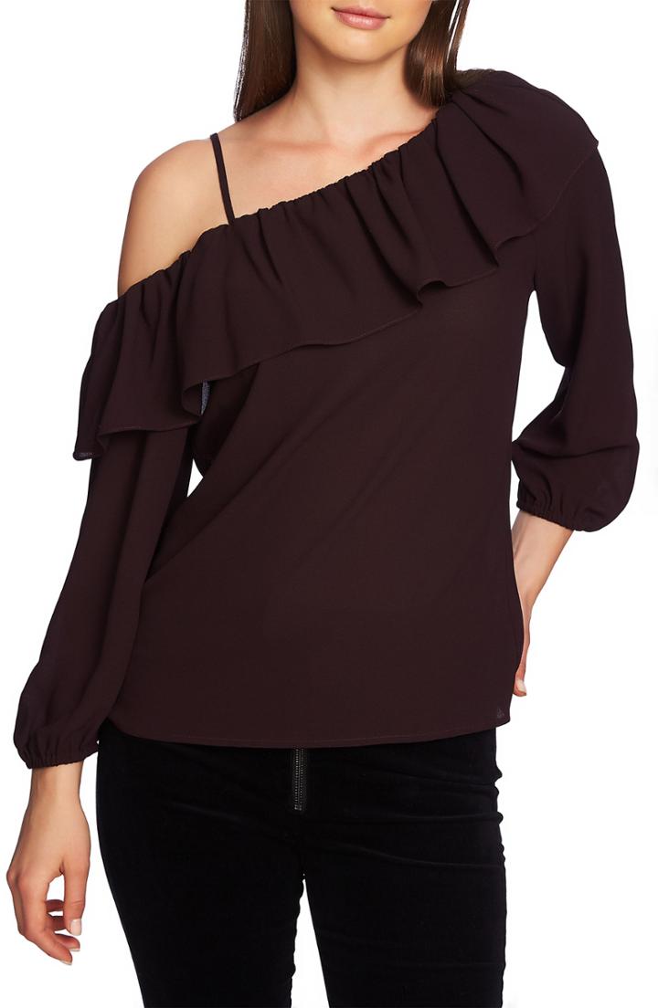 Women's 1.state One-shoulder Ruffle Edge Blouse - Burgundy