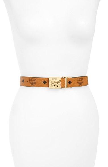 Women's Mcm Logo Buckle Reversible Belt, Size - Cognac