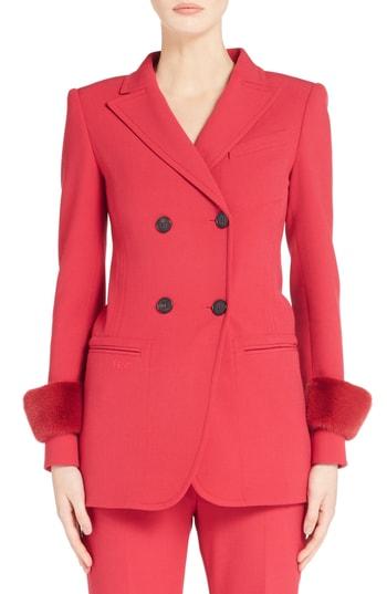 Women's Fendi Double Breasted Drill Blazer With Genuine Mink Fur Cuffs Us / 40 It - Red