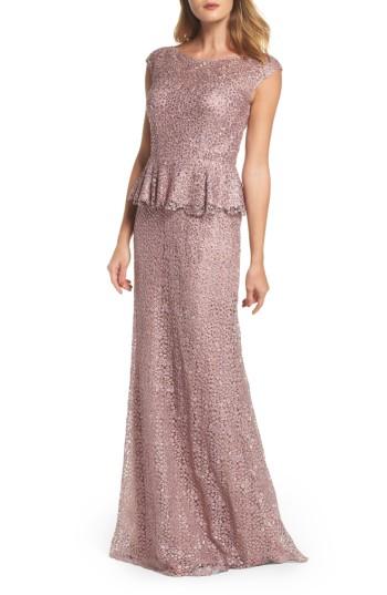 Women's La Femme Embellished Lace Peplum Gown - Purple