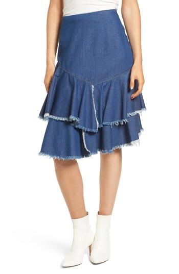 Women's Bp. Tiered Denim Raw Hem Skirt, Size - Blue