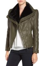 Women's Love Token Faux Leather Jacket With Faux Shearling Trim - Green