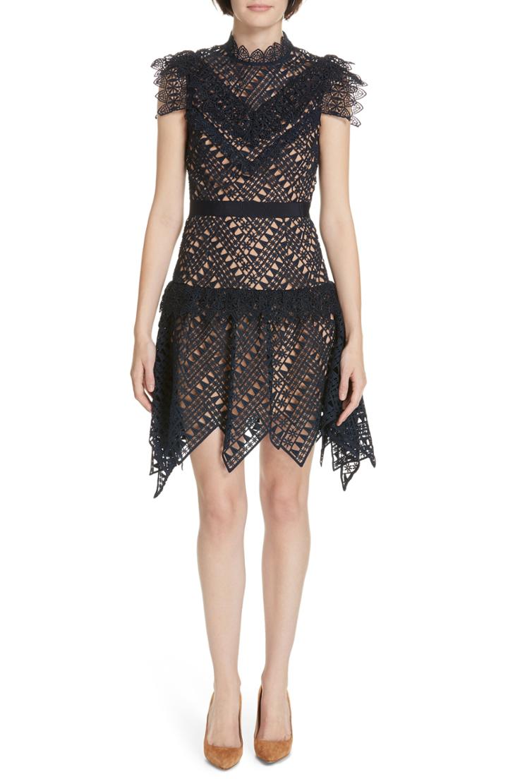 Women's Self-portrait Handkerchief Hem Lace Dress - Blue