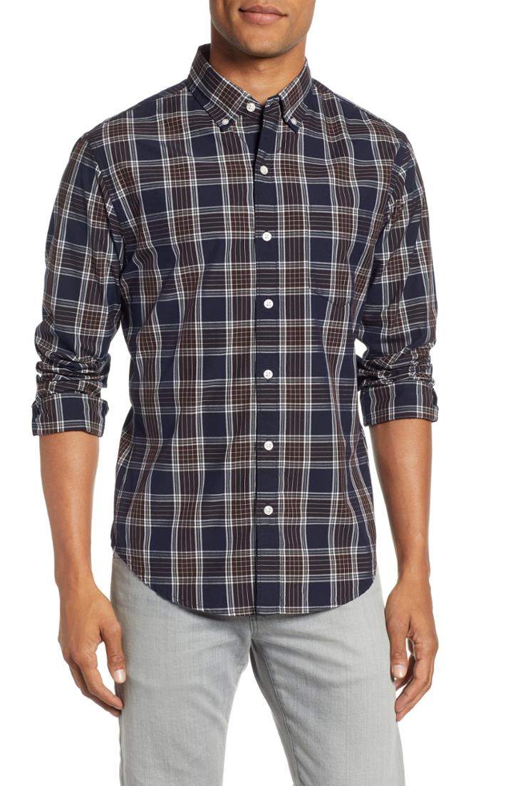 Men's Bonobos Washed Slim Fit Plaid Sport Shirt, Size R - Blue