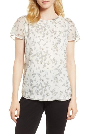 Women's Cece Floral Flutter Sleeve Textured Chiffon Blouse - White