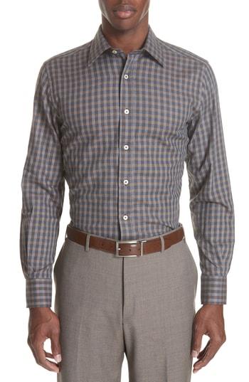Men's Canali Regular Fit Check Dress Shirt, Size - Brown