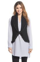 Women's Love Token Knit Vest With Genuine Rabbit Fur Trim - Black