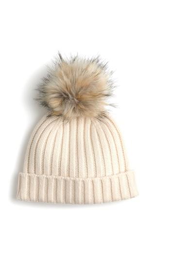 Women's J.crew Ribbed Faux Fur Pom Beanie - Ivory