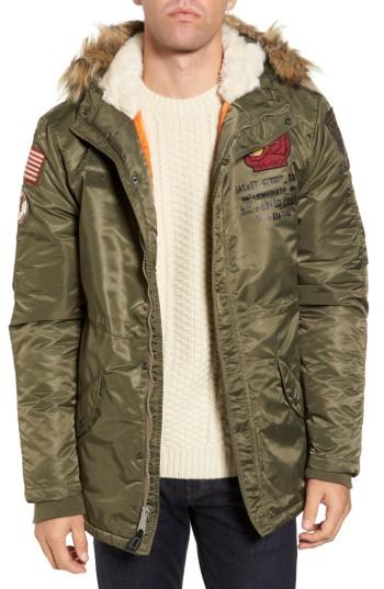 Men's Schott Nyc N3-b Snorkel Flight Jacket With Faux Fur Trim & Lining - Green