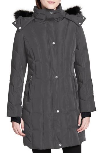 Women's Calvin Klein Hooded Down Parka With Faux Fur Trim - Blue
