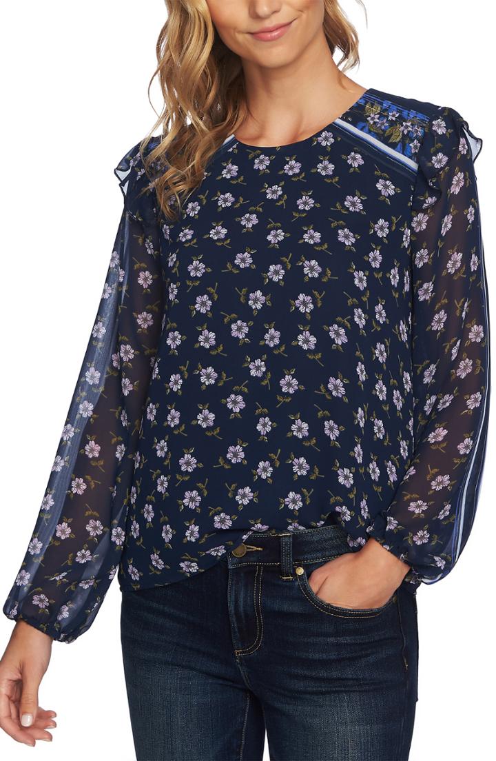 Women's Cece Romantic Ditsy Ruffle Top, Size - Blue