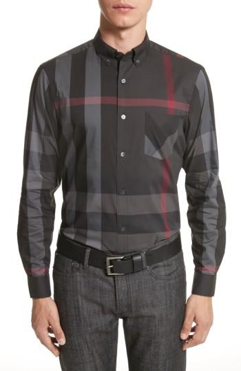 Men's Burberry Thornaby Slim Fit Plaid Sportshirt, Size - Grey