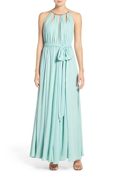 Women's Lulus Gold Metallic Halter Neck Chiffon Gown - Green