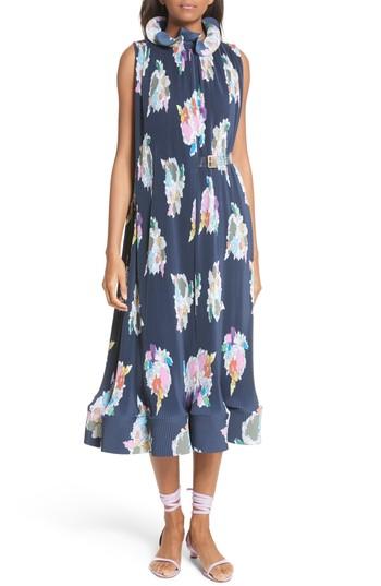 Women's Tibi Asymmetrical Belted Floral Dress, Size - Blue