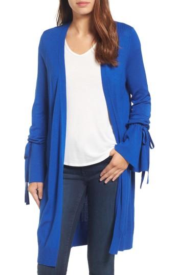 Petite Women's Halogen Lightweight Tie Sleeve Cardigan, Size P - Blue