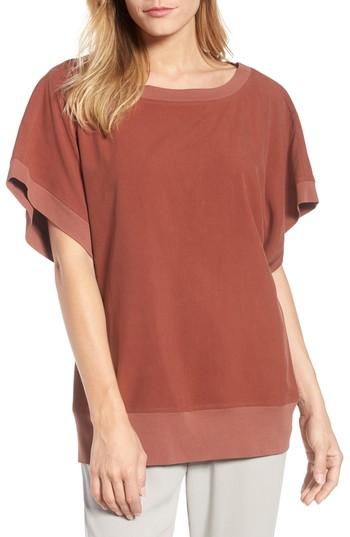 Women's Eileen Fisher Contrast Trim Silk Top, Size - Brown