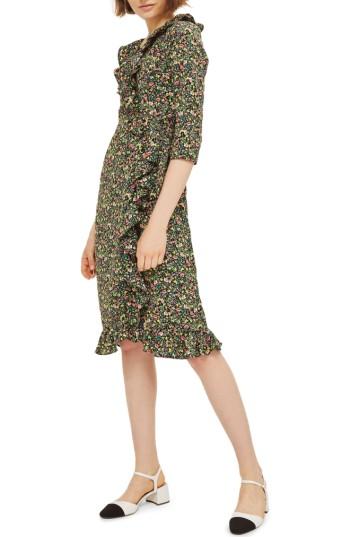 Women's Topshop Flower Garden Ruffle Wrap Dress Us (fits Like 0) - Black