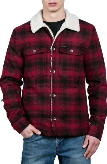 Men's Volcom Keaton Jacket With Faux Shearling Trim - Red